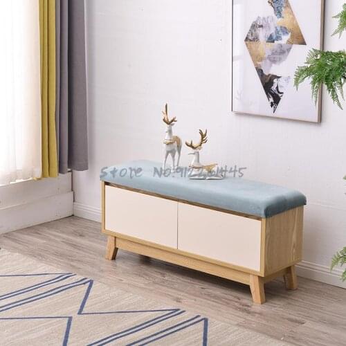 Nordic solid wood shoe changing stool household doorwear shoe cabinet simple storage stool living room storage Ivory footstool