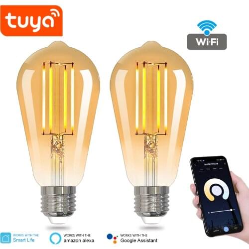 Tuya 2 Pack ST64 Smart WiFi LED Filament Bulb E27 Dimmable Light Lamp Dual-Color APP Remote Control Work with Alexa Google