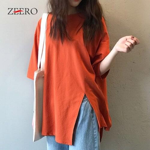 Korean Summer Ladies Clothing Casual Loose Split Short Sleeve T-shirt Women Midi Tops Female Solid Color Irregular Hem T Shirts