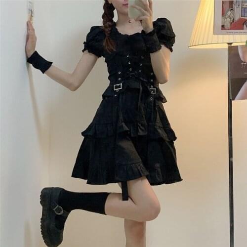 Womens Gothic Lolita Dress Gothic Punk Mall Goth Kawaii Cute Ruffle Bandage Black Mini Dress 2021 Summer swet Lolita dress