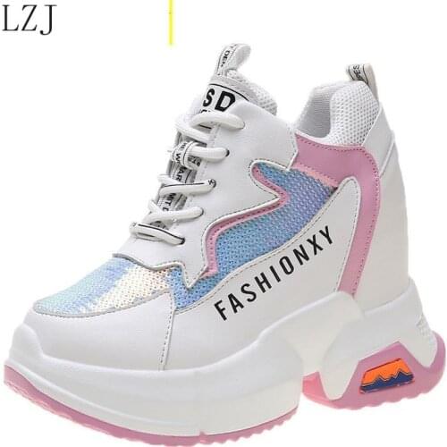 2020 Women Platform Wedge Shoes 10cm High Heel Increasing Ladies Casual Shoes Mesh Breathable Quality Woman Chunky Sneakers