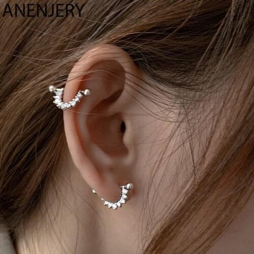 ANENJERY 925 Sterling Silver Shiny Zircon Semicircular Triangle Piercing Earrings For Women Light Luxury Personality Jewelry
