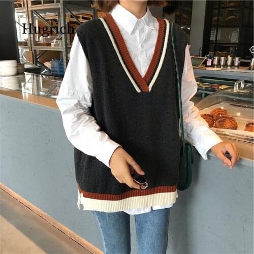 Early Spring 2021 New School College Wind Color Matching V-Neck Sweater Womens Head Loose Knit
