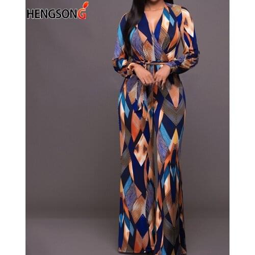 Female Vintage Digital Print Boho Jumpsuit Romper V Neck Long Sleeve Casual Long Sash Autumn Jumpsuit Women Overalls