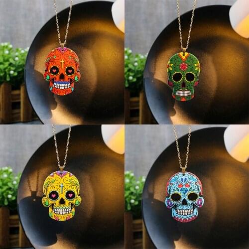 Punk Gothic Colorful Skull Pendants Necklaces for Women Vintage Flower Heart Acrylic Choker Necklace Jewelry Halloween Gifts
