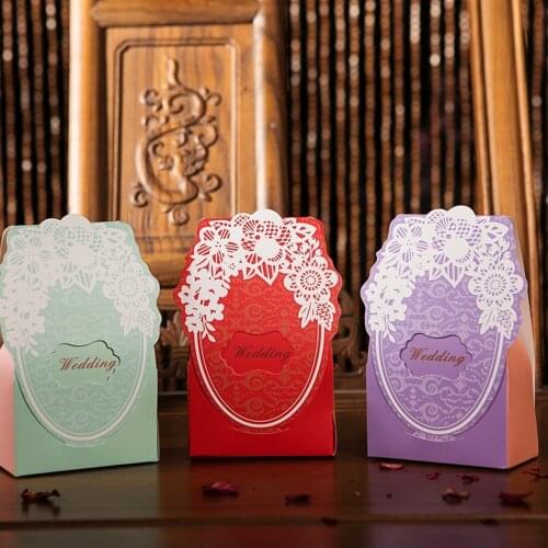 10pcs/lot Wedding Candy Box with Flower Pattern Purple Paper Bag Cookie Candy Chocolate Packing Boxes for Wedding Party Gift Bag