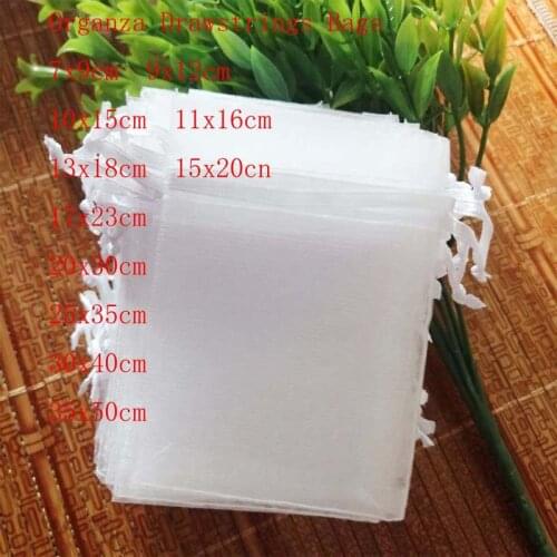 100 pcs/Lot White Organza Drawstrings Bags 7x9 9x12 10x15 13x18 15x20 20x30 30x40 35x50 cm Jewelry Gift Package Bags Yarn Pouch