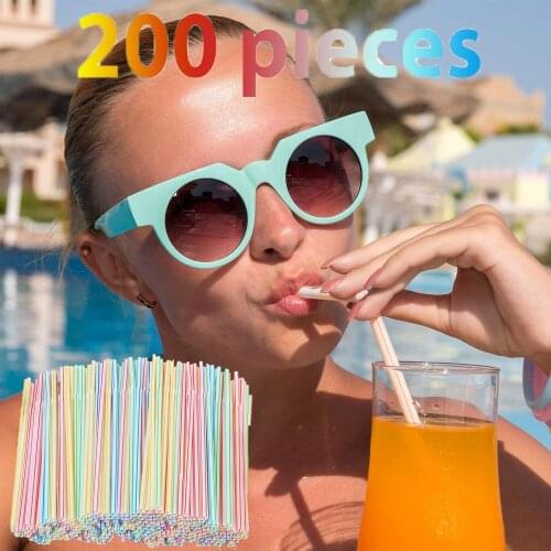 200pcs Disposable Straws Flexible Plastic Drinking Straws Striped Multi Colored Straws 8 Inches Bendable Bar Accessories #T1P