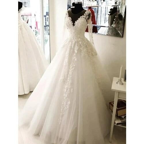 2019 Wedding Dress Lace Appliques Crystal Handmade Bride Dress Long Sleeves Wedding Gowns Romantic White/ ivory Vestido De