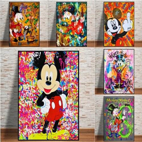Disney Graffiti Art Mickey Mouse Rich Money Canvas Paintings on The Wall Art Pictures Posters and Prints for Living Room Decor