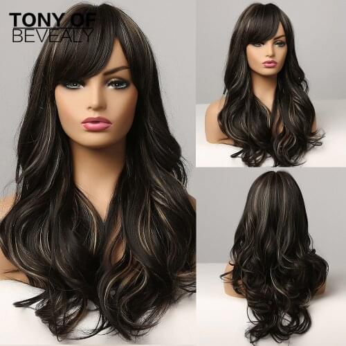 Long Wavy Brown Blonde Ombre Hair Wigs With Bangs Heat Resistant Synthetic Wigs for Afro Women Daily Cosplay Natural Wigs