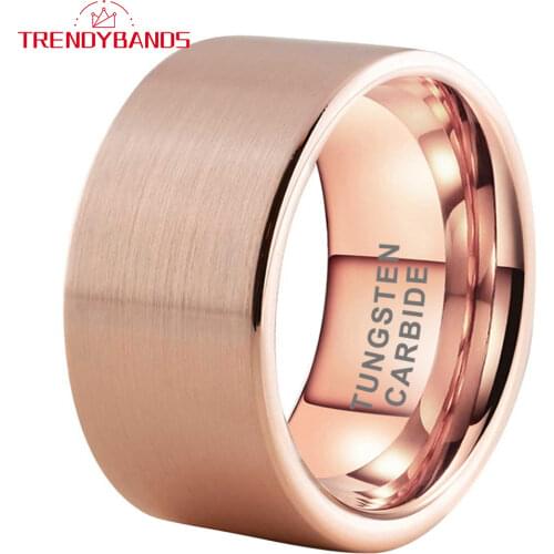 Mens Tungsten Wedding Band 12MM Men Ring Rose Gold Ring With Flat Band And Brushed Finish Comfort Fit