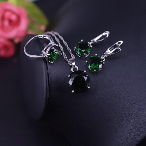 Green Stone Silver 925 Jewelry Big Round Earrings Necklace Ring Set For Women Big Discount