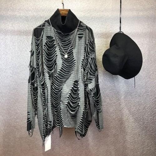 Mens spring and autumn new personality hollow-out double irregular broken hole fashion catwalk loose leisure large size T-shirt