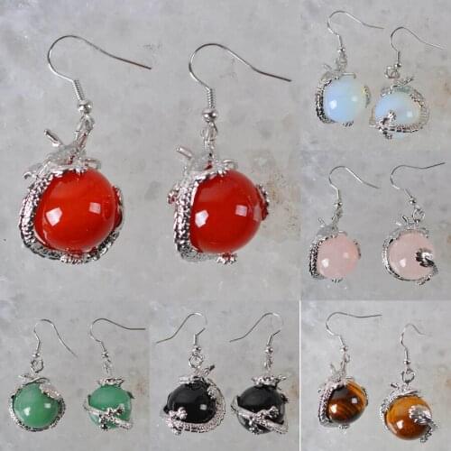 Natural Stone Pink Rhodonite Purple Quartz Gold Tigereye Red Carnelian Handmade Jewelry For Women Dragon Dangle Earrings 1Pair