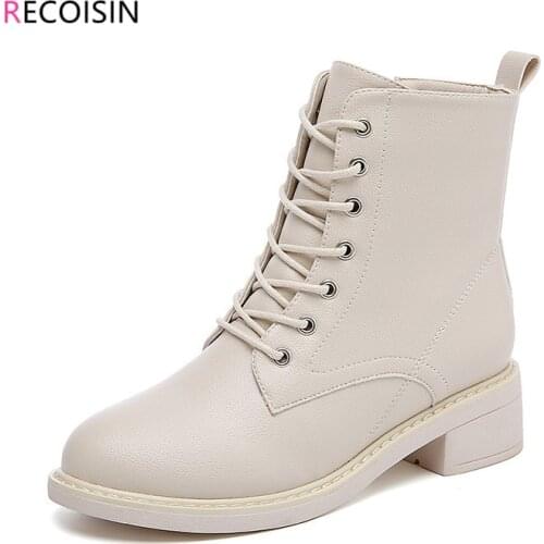 RECOISIN 2020 New Fashion Zipper Women Boots Autumn Winter High Heel Flat Shoes Woman Lace-up Ankle Boots Women chaussure femme