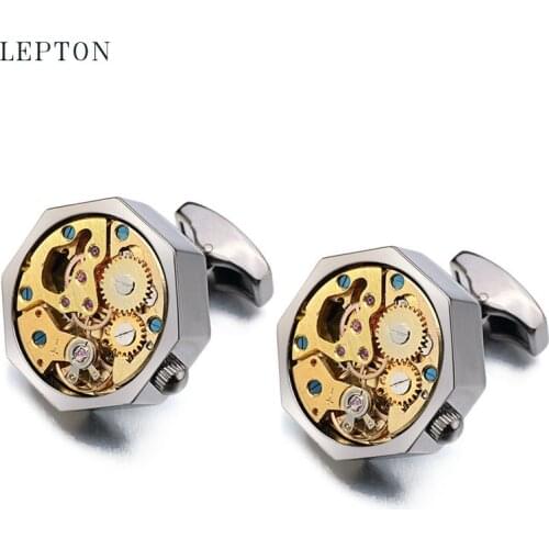 New Gold Watch Movement Cufflinks Of Immovable Stainless Steel Steampunk Gear Watch Cuff links for Mens With Gift Box gemelos