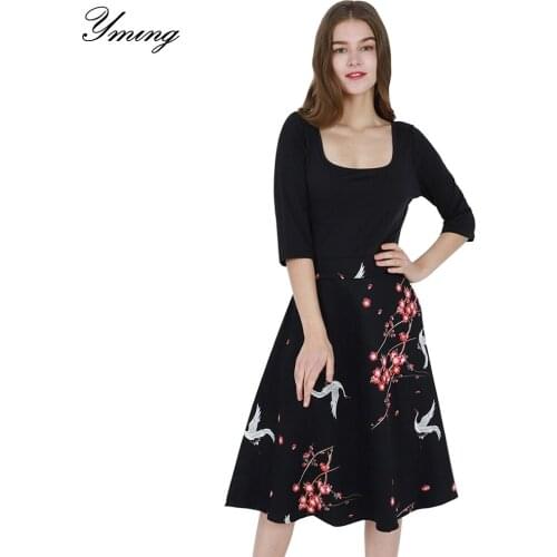 YMING Sexy Women Dresses Floral Print Half Sleeve Dress Evening Party A Line Sundress Swing Elegent Vintage Woman Dress Vestidos