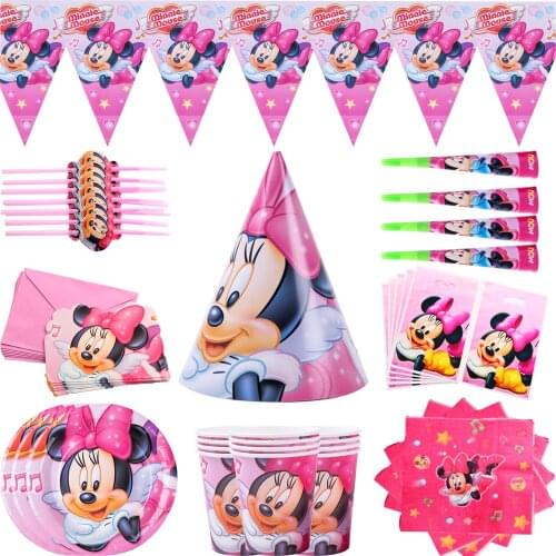 Disney Pink Minnie Mouse Theme Party Supplies Paper Cups Plates Caps Straws Gift Bags Kids Girl Birthday Party Baby Shower Decor