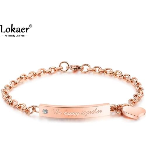 Lokaer Romantic Titanium Steel Love Tag Bracelets Bangles Electroplated Rose Gold Color Female O Chain Bracelet Jewelry B18198