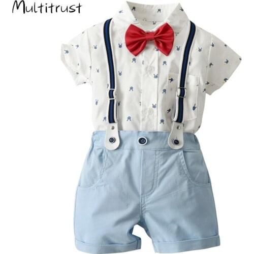 2020 Summer Gentleman Infant Baby Boys Clothes Sets Print Short Sleeve Single Breasted Shirts Tops Bib Overalls Shorts Size 1-5Y