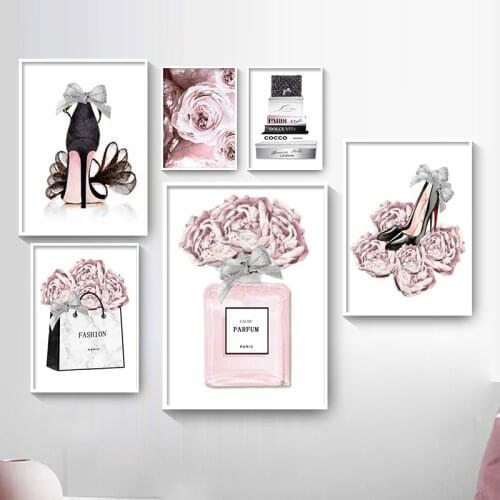 Nordic Abstract Flower Woman Pink Bag High Heels Perfume Wall Art Print Poster Canvas Painting Pictures For Living Room Decor