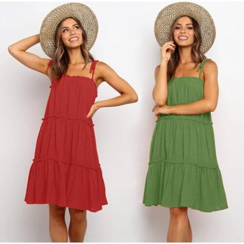 Vintage Women Sexy Sling Red Green Dress 2020 Summer Fashion Ladies Spaghetti Strap Sleeveless Female Ruffled Elegant Dresses