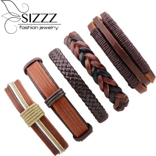 5 Pcs Vintage Multilayer Pu Leather Bracelets for Woman Male Cuff Bracelet Beads Braclet Women Braslet Men Pulseras Hombre