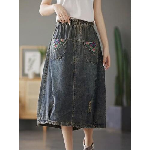 New Women Denim Skirts Autumn 21Retro Loose Hole Vintage Embroidery Loose Washed Female Mid-Calf Length Skirt Fashion