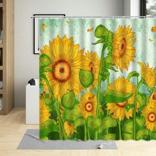 Cartoon Sunflower Green Leaves Shower Curtain Yellow Flower Spring Plant Curtains Farmhouse Home Kitchen Decor With Hooks