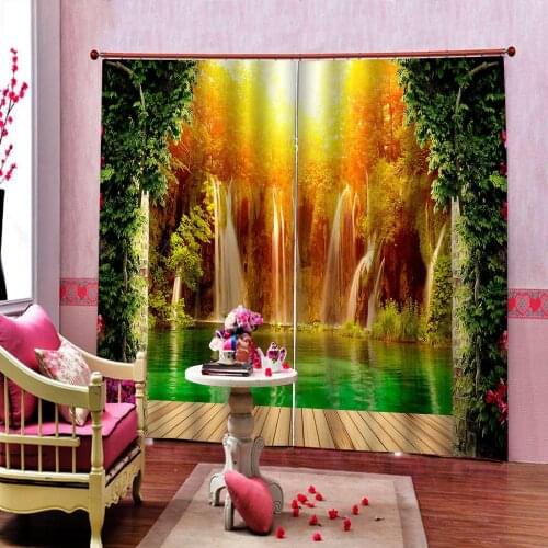 Customized 3D Blackout Curtain Summer Waterfall in Forest Woodland Nature Jungle Scenery Window Drapes Home Decor