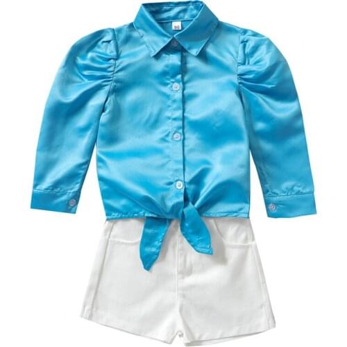 2 Pcs Infant Girls Outfits Summer Baby Girls Tie-up Button-down Solid Color Long Sleeve Lapel Shirt + Denim Shorts 1-5Years