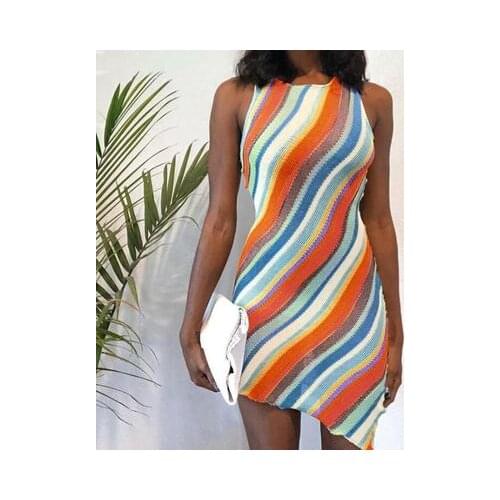 EIFER New fashion slim sleeveless round neck color stripe dress women