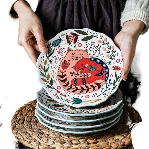 8 inch Colorful Cat Dinner Plate Under-glazed Ceramic Dishes Dessert Tray Flower Kitten ware Microwave Safe
