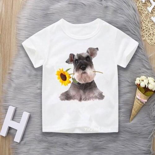 Schnauzer With Sunflowers Animal Print T Shirt Summer 2021 Childrens T-Shirts Baby Boys Girls Clothes White Short Sleeve Tshirt