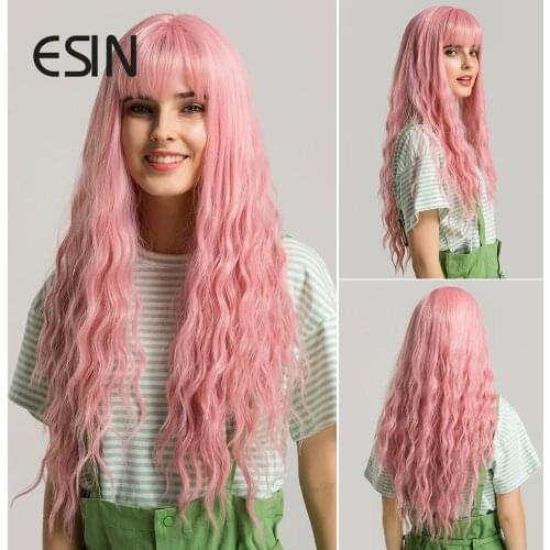 Inhaircube Pink Synthetic Wigs with Bangs Long Womens Hair Curly Mid Part Lolita Descendants Natural Pastel Free Shipping