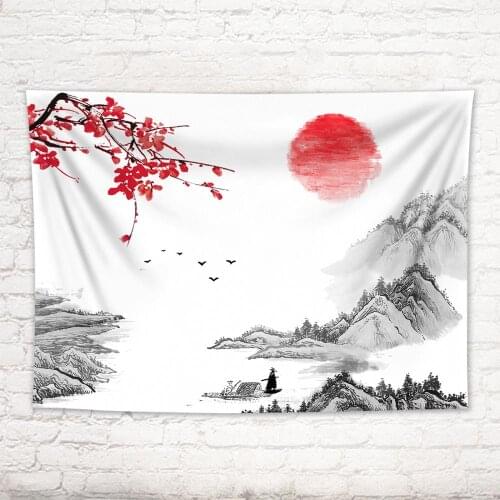 Red Sun Tower Flower Pattern Polyester Tapestry Chinese Landscape Painting Art Wall Hanging bedroom Living Room Decor Crafts