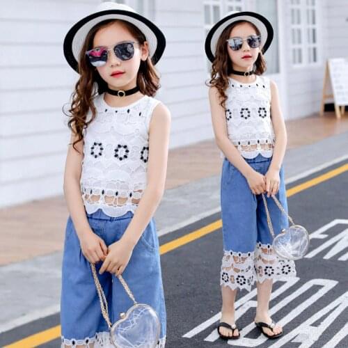 2019 summer childrens clothes girls sets sleeveless cowboy stitch lace girl sets for kids big girls vest+shorts suits 2 pieces