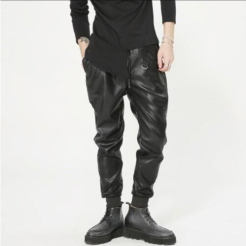 M-4xl Autumn Mens Punk Locomotives Leather Harem Pants Casual Stitching Elastic Waist Slim Trousers Singer Feet Leather Pants