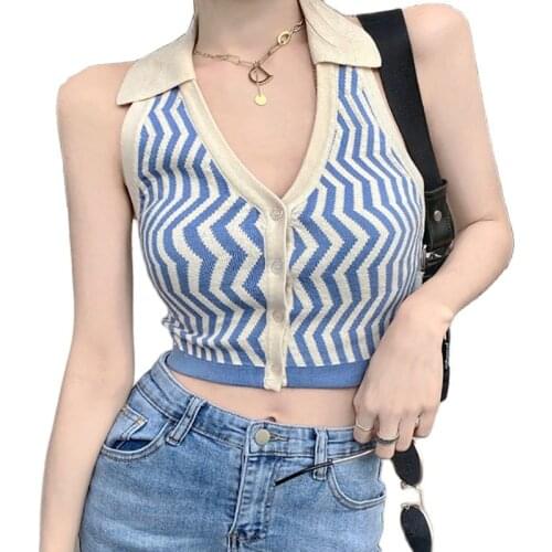 Summer New Fashion Knitted Tank Tops V Neck Patchwork Striped Casual Tank Top Female Halter Sleeveless Backless Short Knit Tops