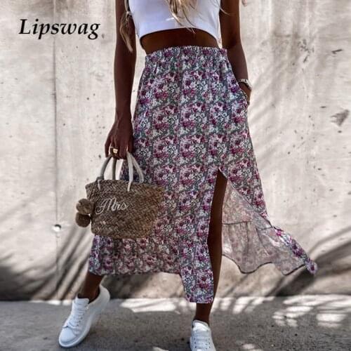 Fashion Floral Print Split Party Skirts Women Casual Elegant High Waist Pocket Skirt 2021 Summer New Loose Streetwear Long Skirt
