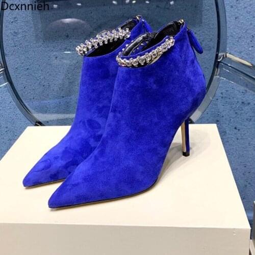New Blue pointed toe pumps women Crystal High Heels Woman Shoes Party Shoes Runway Genuine Leather Slip On new Autumn shoes 2020