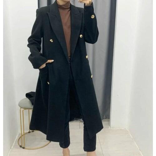 Women Fall Winter Black Coat High Street Double Breasted Casual Warm Belted Outerwear Female Fashion Solid Long Sleeve Jackets