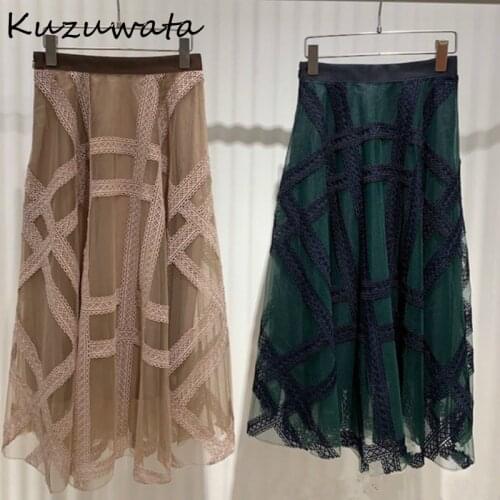 Mesh Lace New Plaid Patchwork Skirt Autumn Winter Japan Style All-match Jupe Elegant High Waist A-line Skirts 1G786