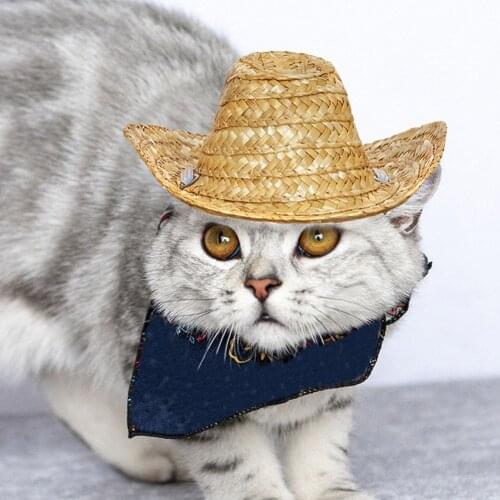 Pet Cat Dog Woven Straw Hat Sun Hat Sombrero Western Cowboy Style Beach Party Pet Breathable Sunshade Cap Pet Accessories