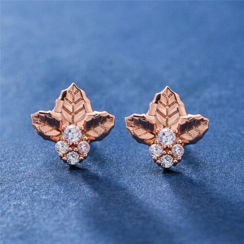 Vintage Fashion Rose Gold Three Leaf White Zircon Stud Earrings For Women Dainty Plant Jewelry Female Cute Small Bee Earrings