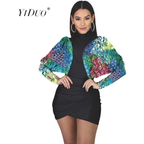 YiDuo Women O-Neck Bodycon Batwing Sleeve Pencil Dress Skinny Mini Short Sexy Dress Ladies Peacock Print Casual Black Dress 2020