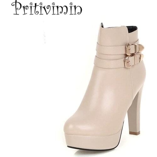 2018 new winter ladies warm lined weding shoes women fashion buckle platform thick high heel short ankle boot Pritivimin FN123