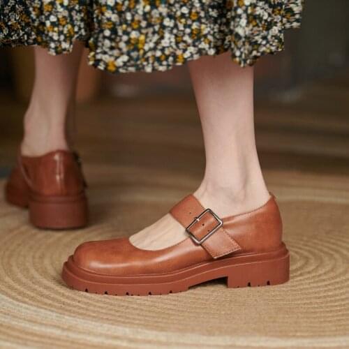Osunlina New Mary Jane Womans Flats Thick Bottom Slip On 3.8cm High Heels Square Toe Genuine Leather Buckle Casual Lady Shoes