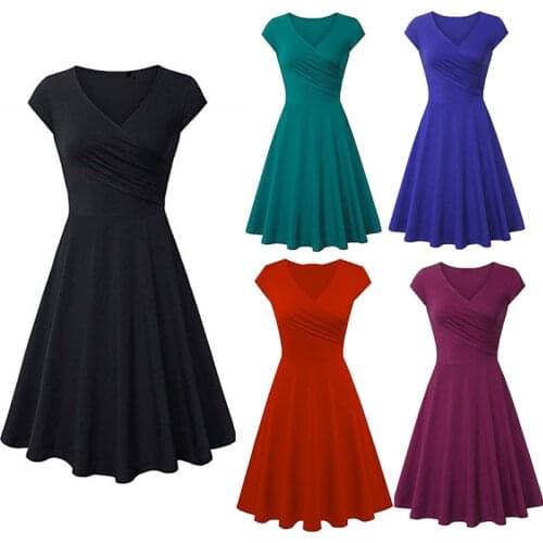 Summer Solid Women Mini Dress Casual V Neck Cross Short Sleeve Slim A-Line Dress Vintage Female Plus Size Swing Dresses Vestidos